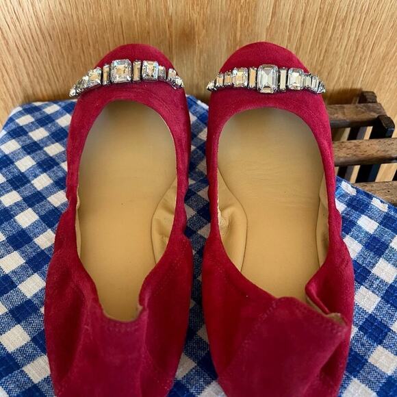 COLE HAAN suede flats, women's size 7 1/ 2, red with beads on front. - Picture 6 of 8